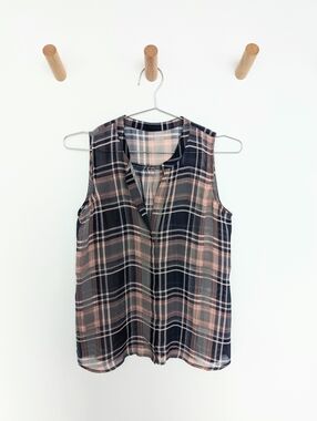 LOFT Sheer Plaid Sleeveless Blouse Top – Pink / Navy, Women's XS